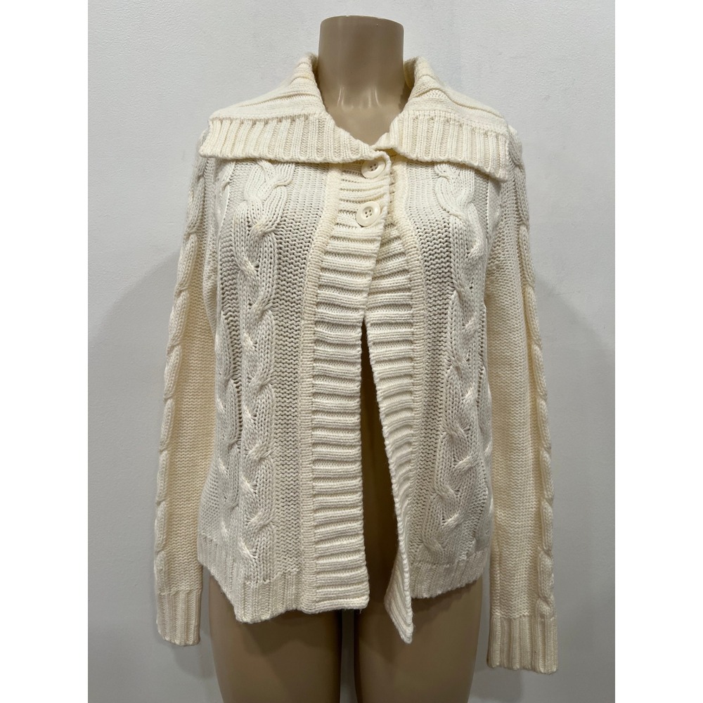 Sonoma Cable Knit Cardigan Sweater Women M Cream Button Front Wide Collar